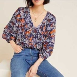 Maeve By Anthropologie Cathy Pleated Blouse with Blue and Orange Jungle Print XS
